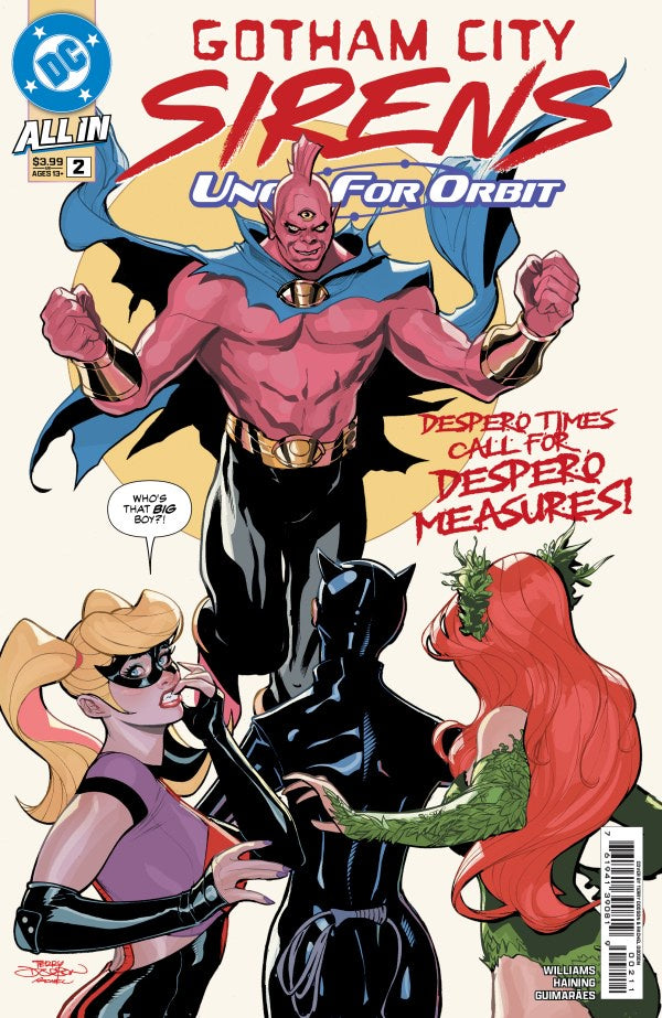 Comic book cover featuring characters from 'Gotham City Sirens' with a superhero and three women.