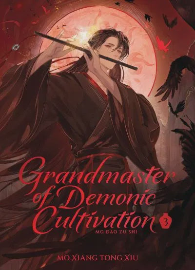 Book cover of 'Grandmaster of Demonic Cultivation' with a character holding a staff against a red background.