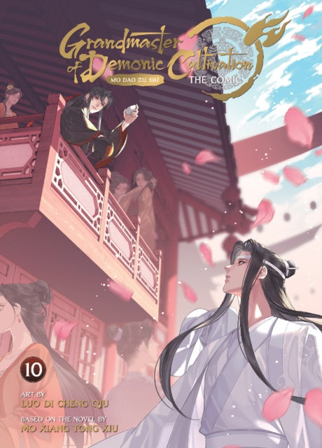 Cover of 'Grandmaster of Demonic Cultivation' comics volume 10 with characters on a balcony and floating petals.