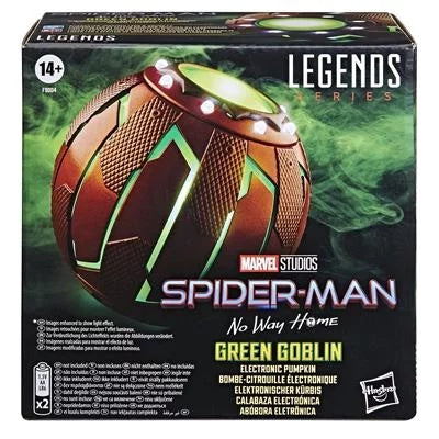 Packaging for Green Goblin Pumpkin Bomb toy from Marvel Legends Series, featuring an image of the toy pumpkin with a green and orange design resembling a pumpkin with lights and buttons.