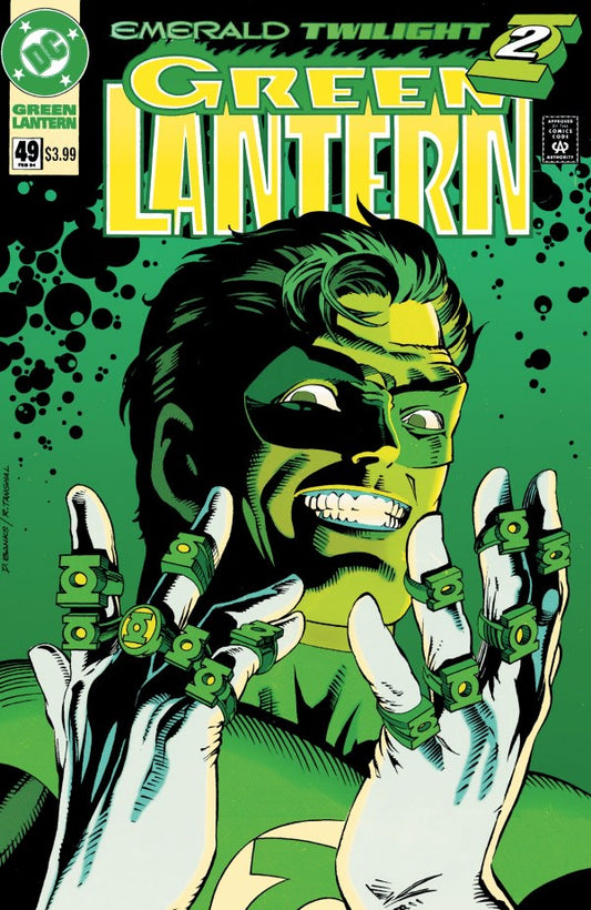 Comic book cover of Green Lantern with character holding green lantern rings.