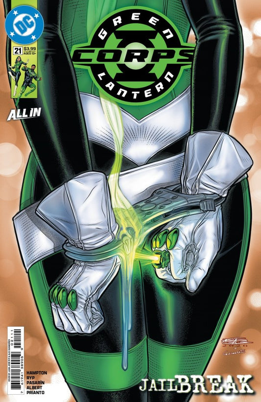 Comic book cover for DC Comics' Green Lantern #21, featuring a close-up of a Green Lantern suit with a glowing green energy core between the hands. The DC logo is in the top-left corner, and the title 'Green Corps Lantern' is prominently displayed at the top.