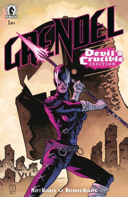 Comic book cover featuring a character in a purple and black suit with a cityscape background