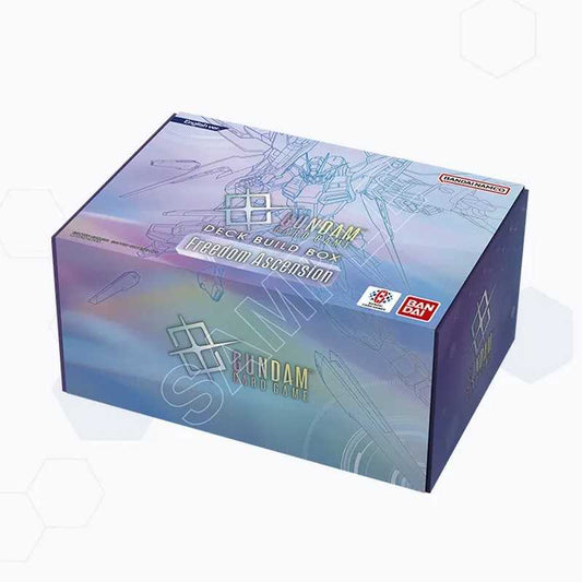 Bandai Namco Gundam Deck Build Box Freedom Invasion collectible card box, featuring a blue and purple holographic design with Gundam line art.