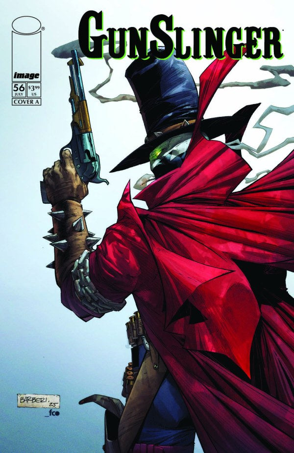 Comic book cover featuring a character in a red cape and top hat holding a gun, with 'Gunslinger' branding.