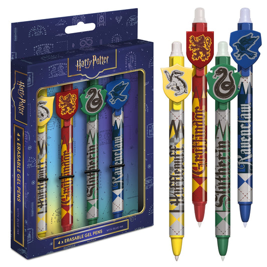 Harry Potter themed 4-pack erasable gel pens shown in their blue window box packaging, alongside four individual pens representing Gryffindor, Slytherin, Hufflepuff, and Ravenclaw houses.