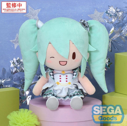 Plush toy with green hair and a checkered dress on a pink stand, with 'SEGA Goods' branding.
