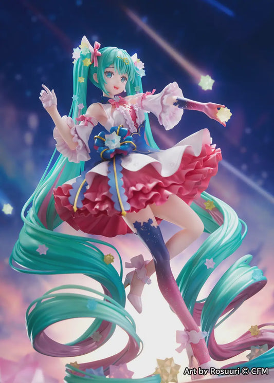Miku figure posted holding stars blue pink 