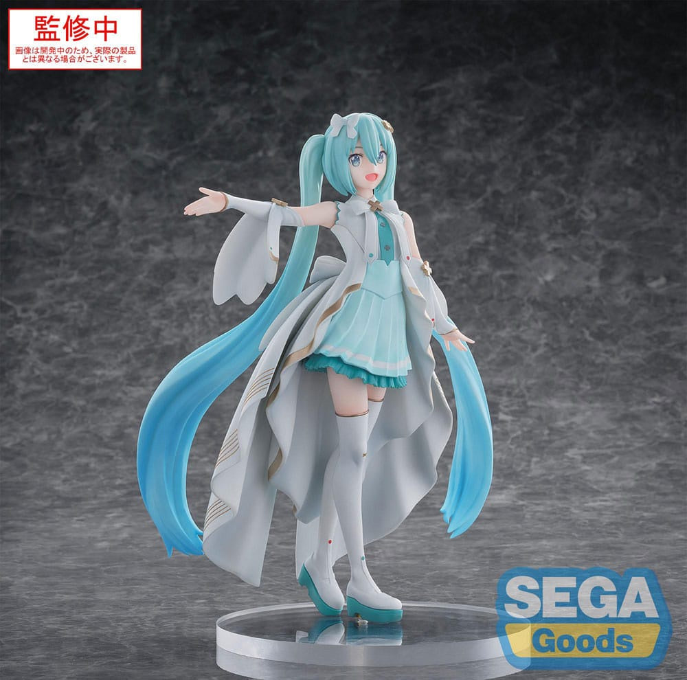 Figurine of a character with blue hair and a white outfit on a gray background, featuring the Sega Goods logo.