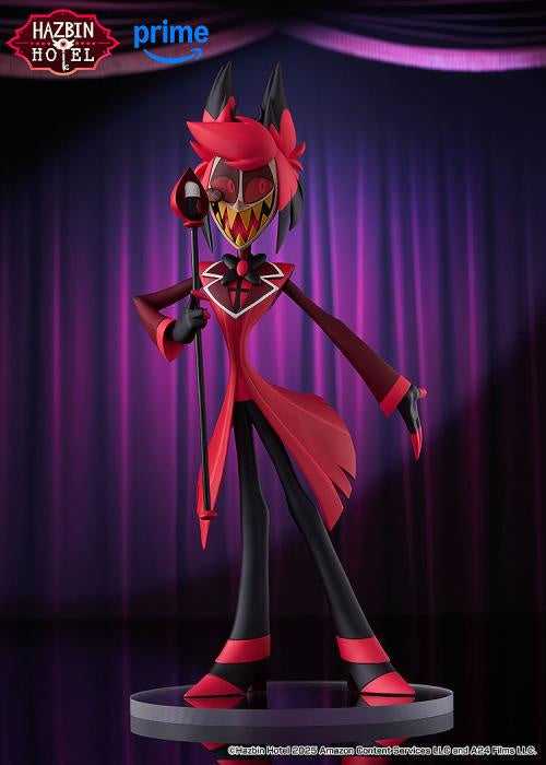 A stylized collectible figure of the character Malibu in a red and black outfit, standing on a circular base against a purple curtain backdrop. The 'HAZBIN HOTEL' and 'prime' logos are visible in the top left corner.