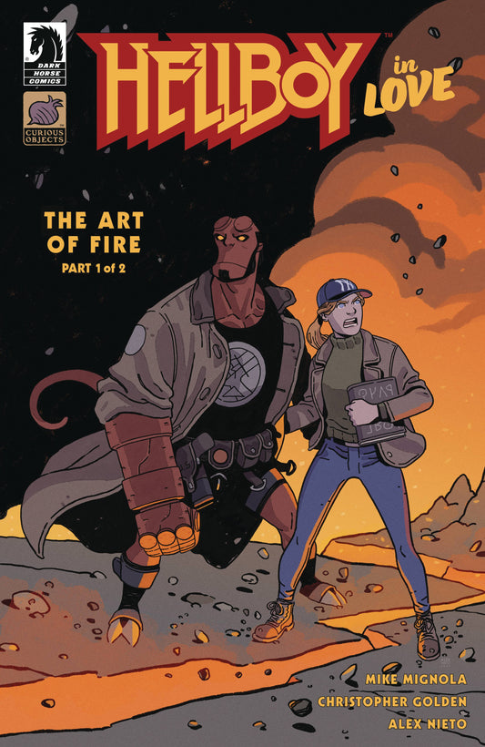 Comic book cover featuring Hellboy and a woman in an orange and black setting.