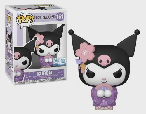 Funko Pop! vinyl figure of Kuromi number 151, shown next to its original window box packaging on a white background.