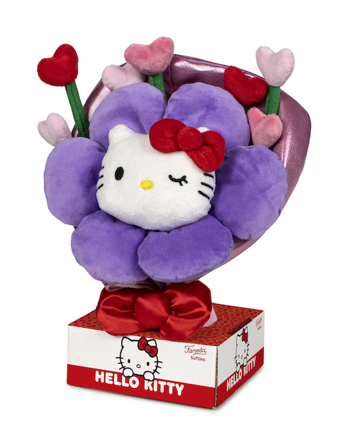 Plush toy shaped like a flower with Hello Kitty face, surrounded by small plush flowers, on a white background.