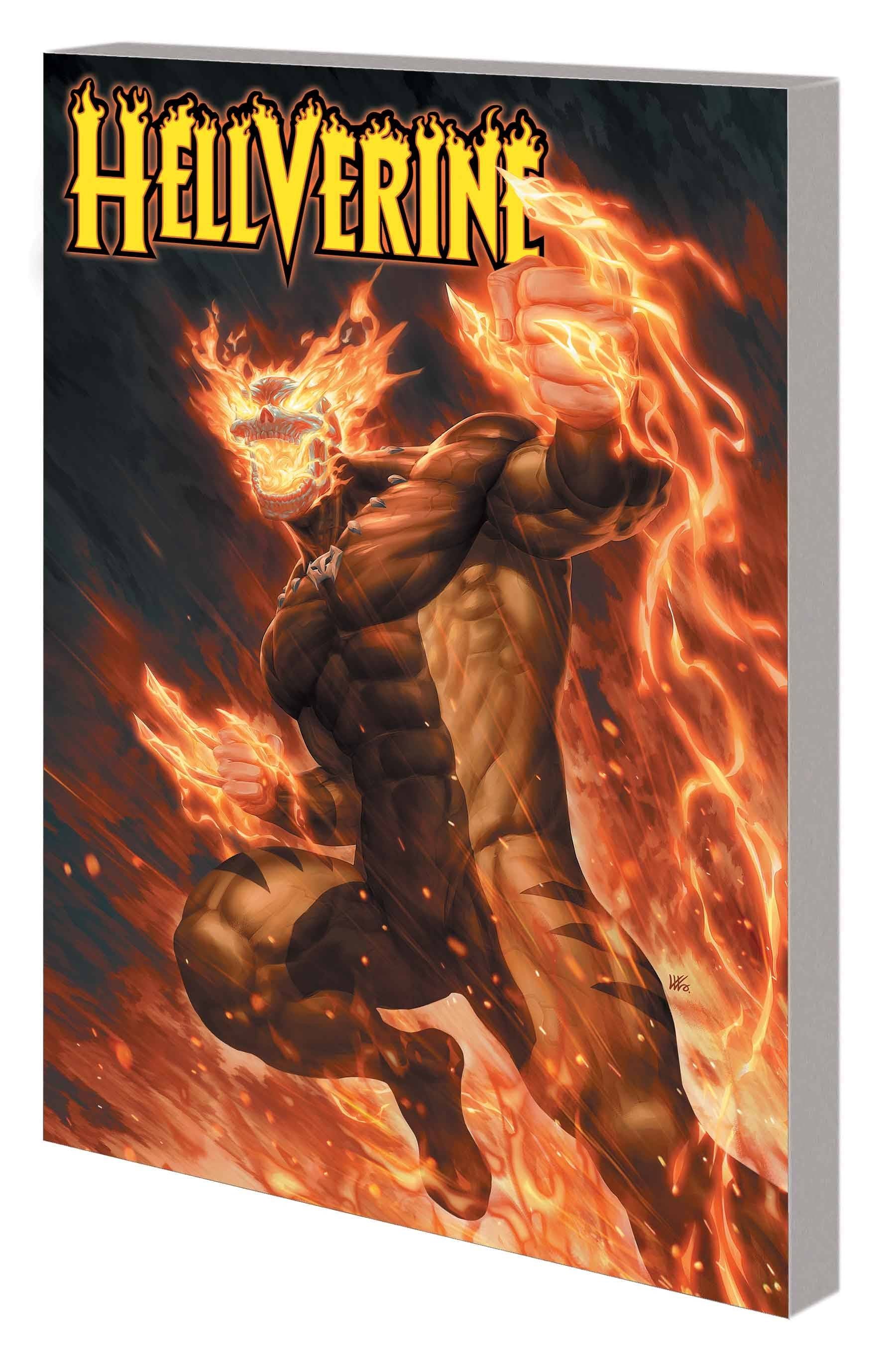 Comic book cover of 'Hellverine' with a character surrounded by flames.