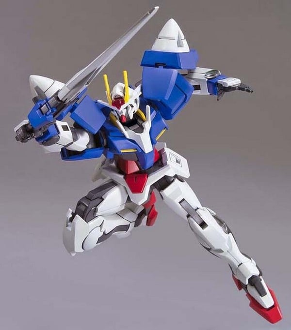 Model kit of a robot with blue, white, and red colors on a gray background