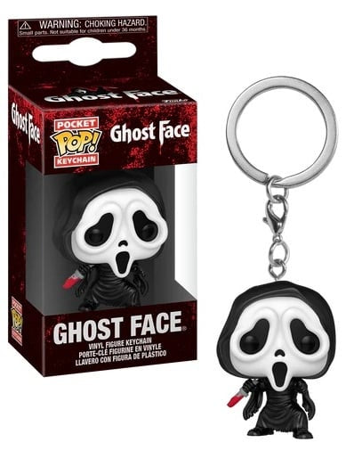 Ghost Face keychain with packaging on a white background
