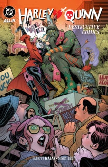 Comic book cover featuring Harley Quinn with a chaotic scene of people and text bubbles.
