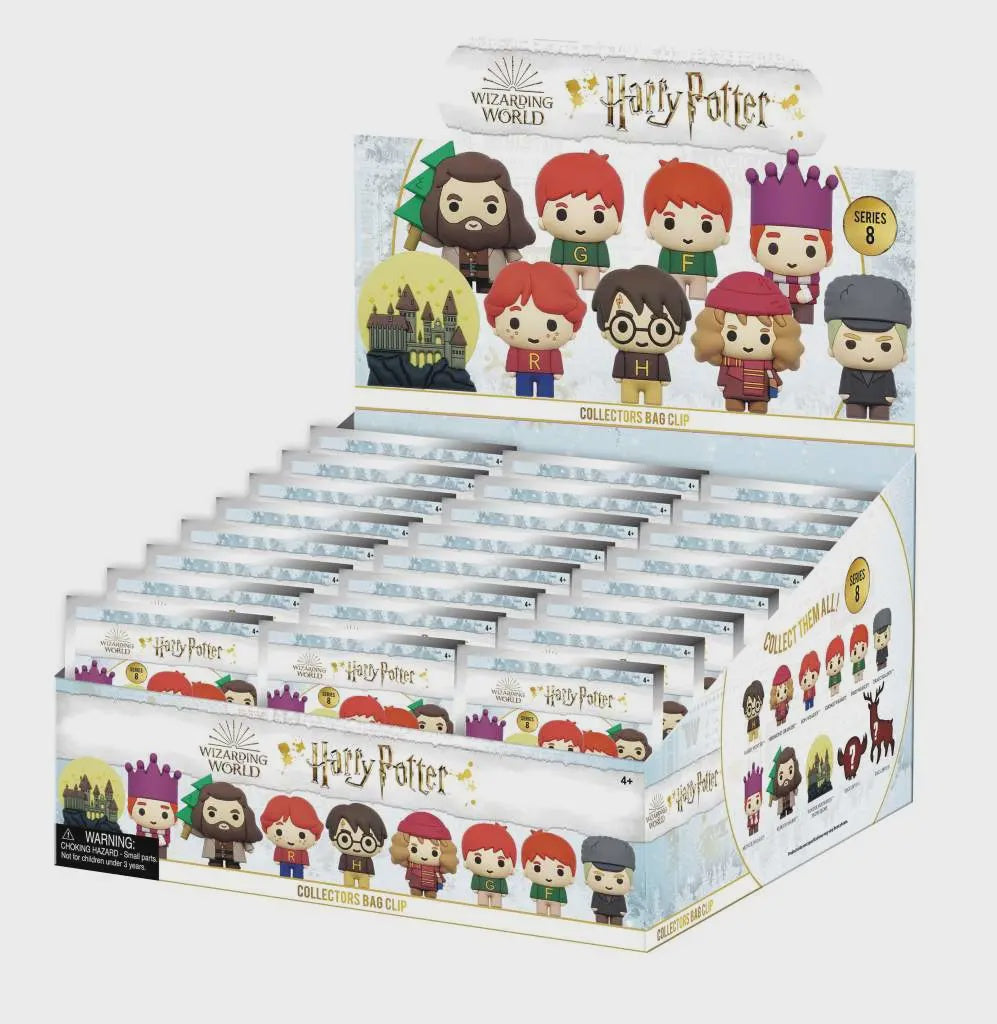 Display of Harry Potter-themed collectible figures in packaging on a white background