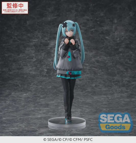 Figure of a character with teal hair and a gray outfit on a dark background, featuring the Sega Goods logo.