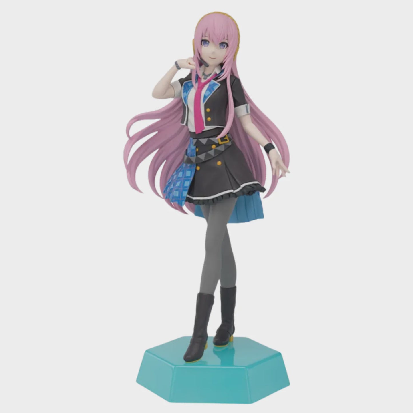 Anime character figurine with pink hair and a black outfit on a white background