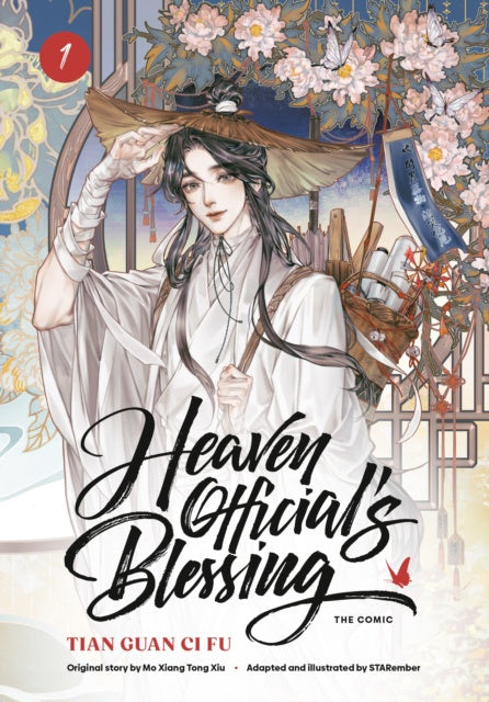 Cover of 'Heaven Official's Blessing' comic with a character holding a fan and flowers in the background