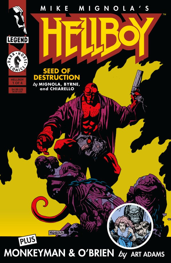 Comic book cover featuring Hellboy with a red hue and yellow background