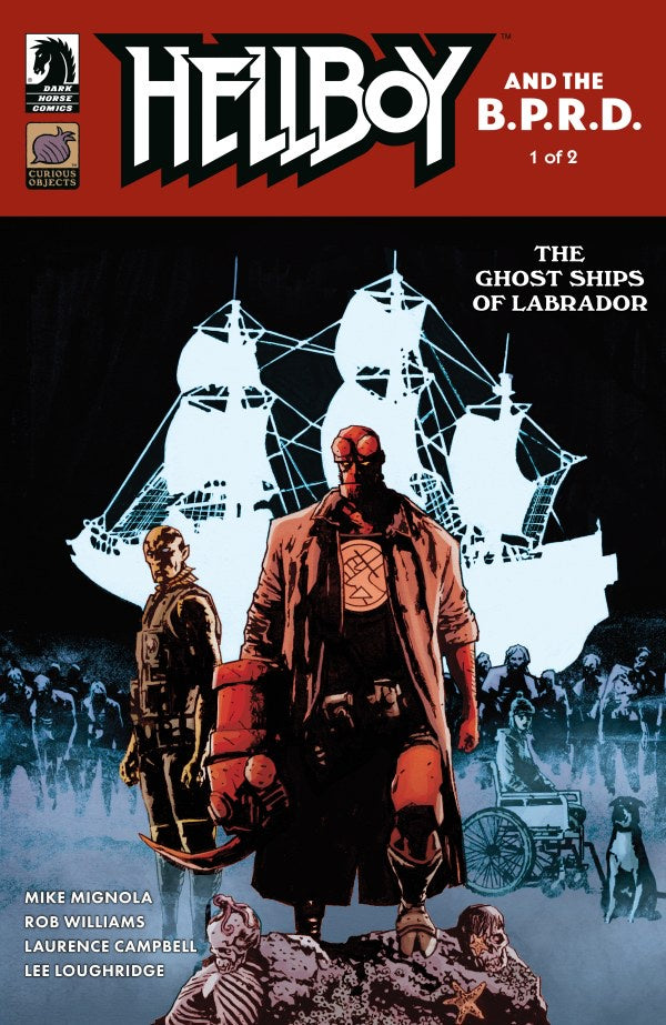 Comic book cover featuring Hellboy and the B.P.R.D. with a ship in the background