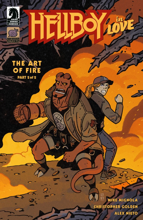 Comic book cover of 'Hellboy in Hellboy: The Art of Fire' with Hellboy and a woman in a fiery background.