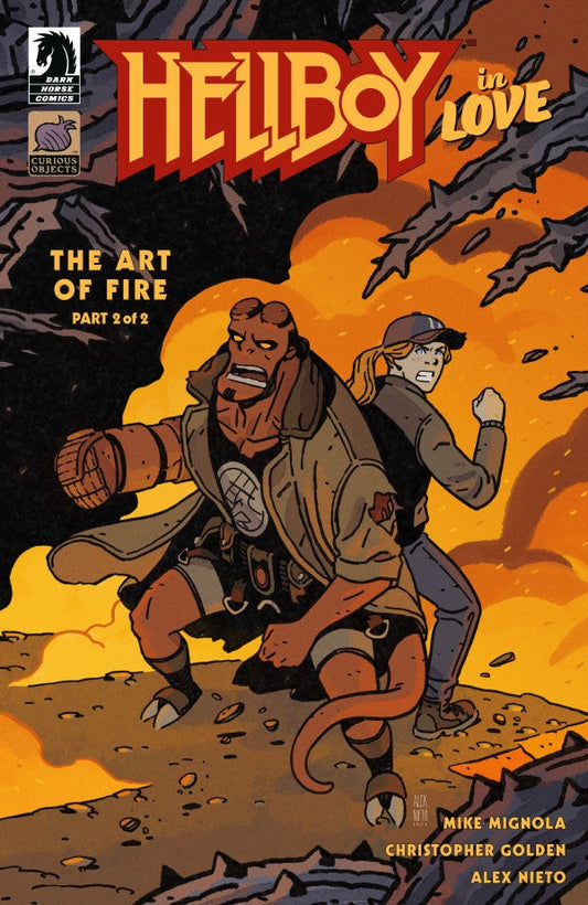 Comic book cover of 'Hellboy in Hellboy: The Art of Fire' with Hellboy and a woman in a fiery background.