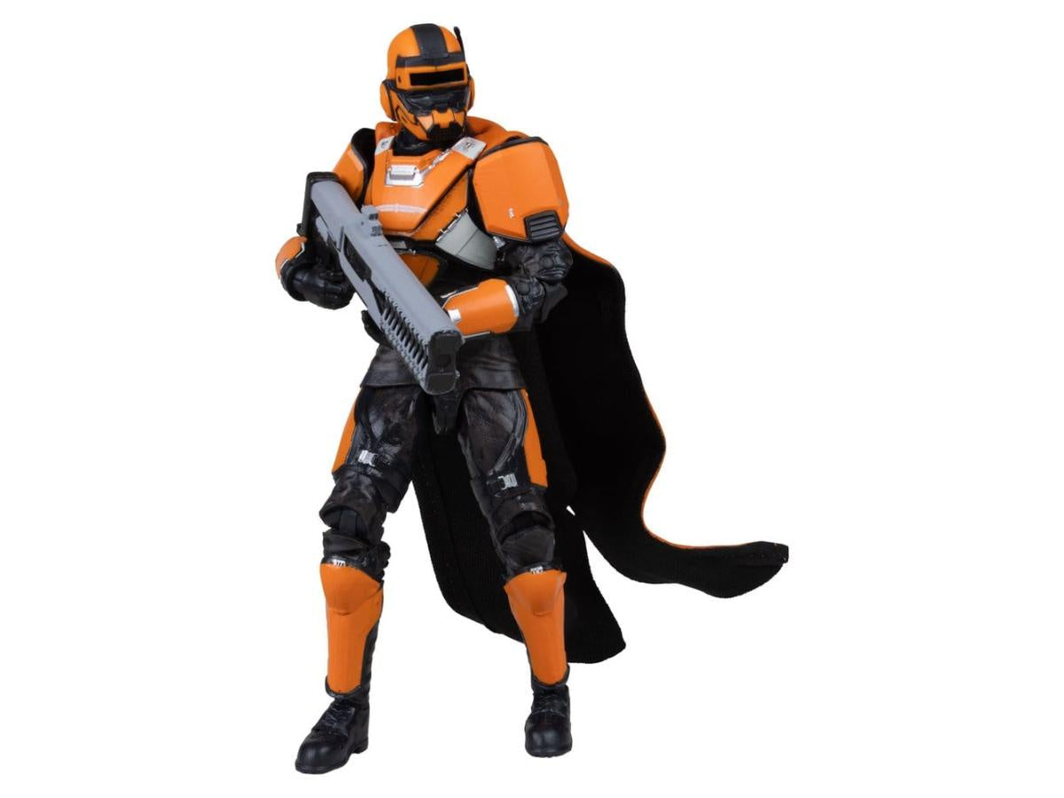 Action figure in orange and black costume with a weapon on a white background