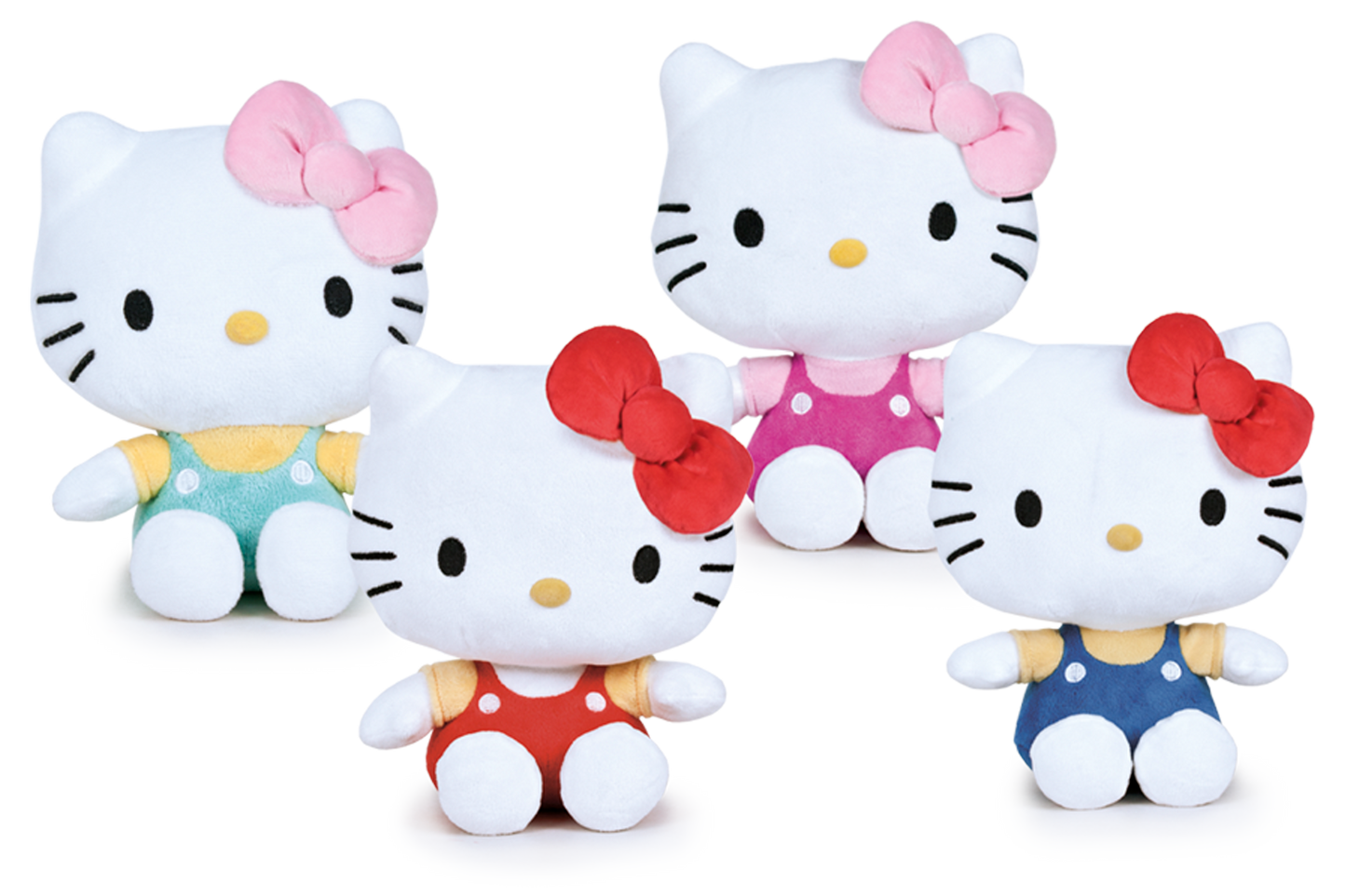 Four Hello Kitty plush toys in different outfits on a white background