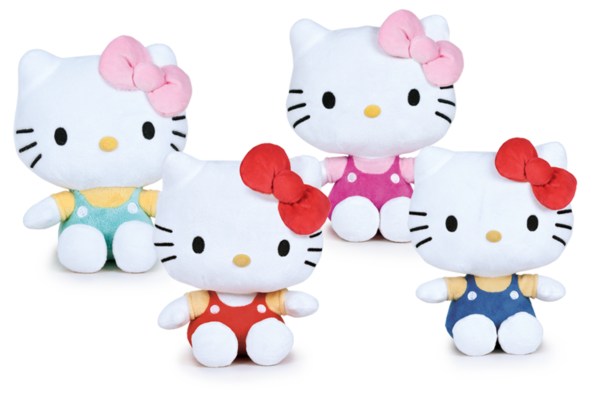 Four Hello Kitty plush toys in different outfits on a white background