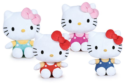 Four Hello Kitty plush toys in different outfits on a white background