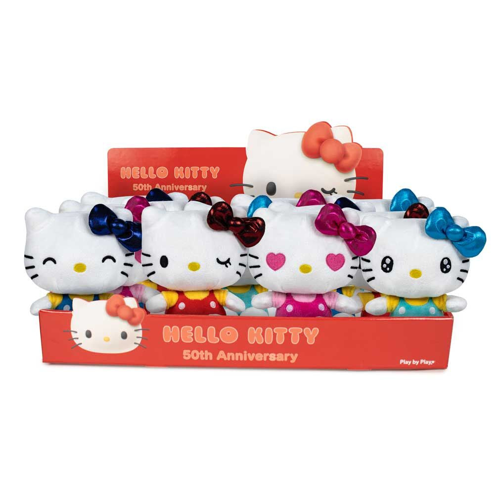 Hello Kitty figurines with colorful bows in a display box with 'Hello Kitty 50th Anniversary' text.