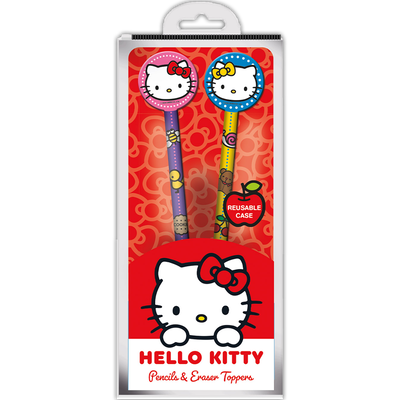 Hello Kitty pencil and eraser topper set in packaging on a white background