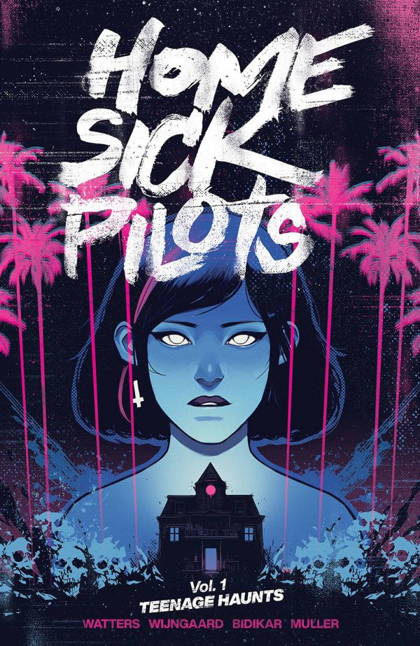 Book cover of 'Home Sick Pilots' with a stylized illustration of a woman and text.