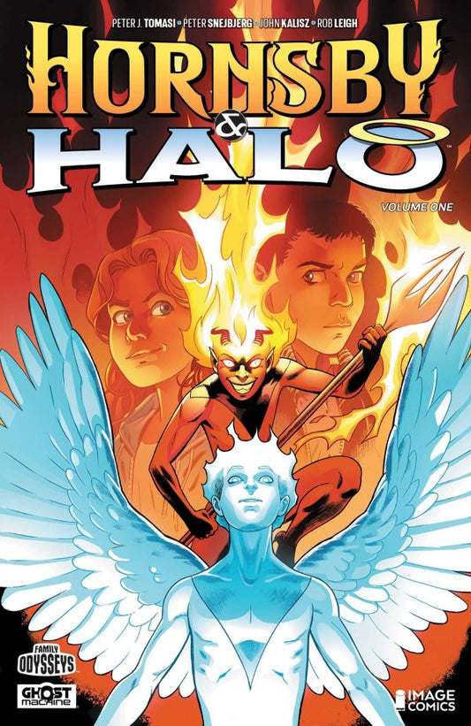 Comic book cover featuring characters with wings and fiery elements, titled 'Hornsby & Halo'.