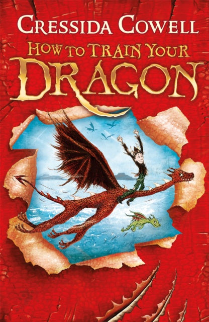 Book cover of 'How to Train Your Dragon' by Cressida Cowell with a red background and illustration of a dragon and person.