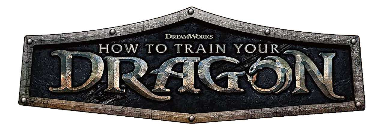 Logo for 'How to Train Your Dragon' with a metallic texture on a black background