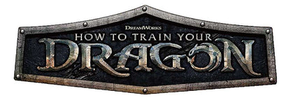 Logo for 'How to Train Your Dragon' with a metallic texture on a black background