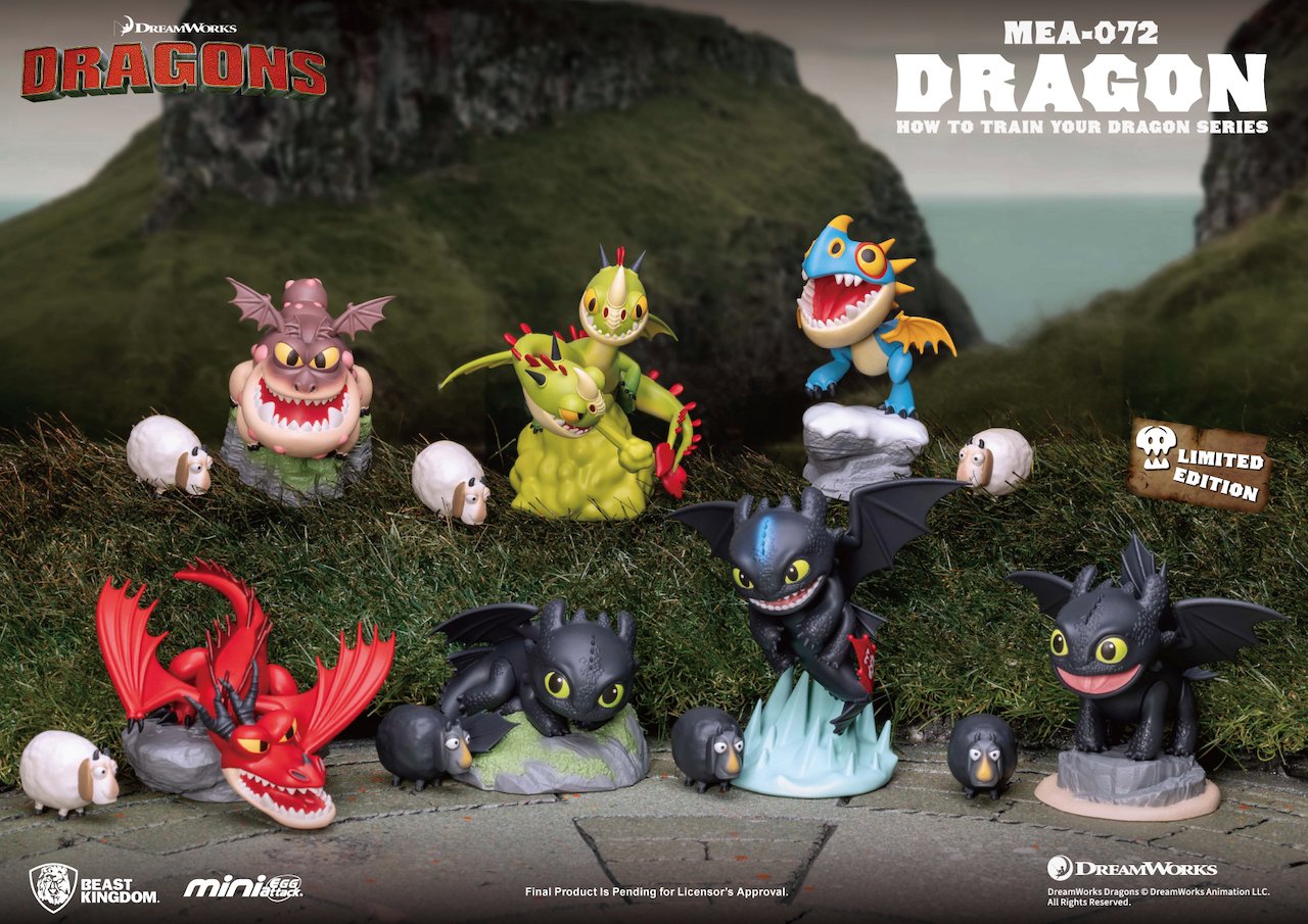 Collection of dragon figurines from 'How to Train Your Dragon' series on a grassy background.