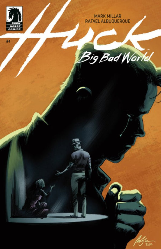 Comic book cover titled 'Huck Big Bad World' with a silhouette of a man and child against an orange background.