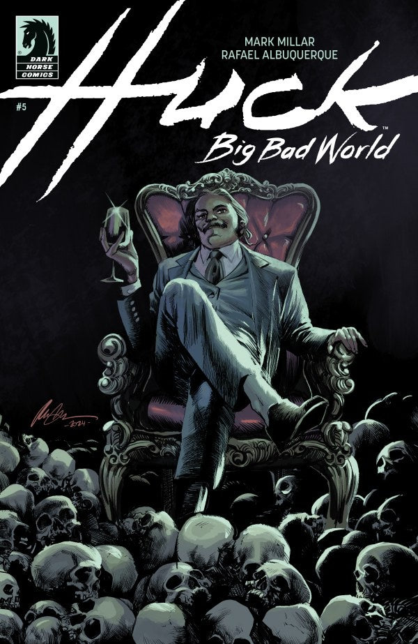 Huck: Big Bad World #5 Comic book cover featuring a character on an ornate chair with skulls around, titled 'Huck Big Bad World'.