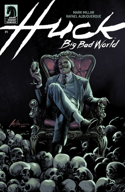 Huck: Big Bad World #5 Comic book cover featuring a character on an ornate chair with skulls around, titled 'Huck Big Bad World'.