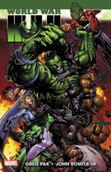 Comic book cover featuring a large green superhero character amidst other characters with fiery background