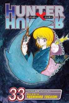 Cover of 'Hunter x Hunter, Vol. 33' featuring an illustration of a character with yellow hair and a blue scarf, flying with wings, accompanied by a blue whale and a butterfly.