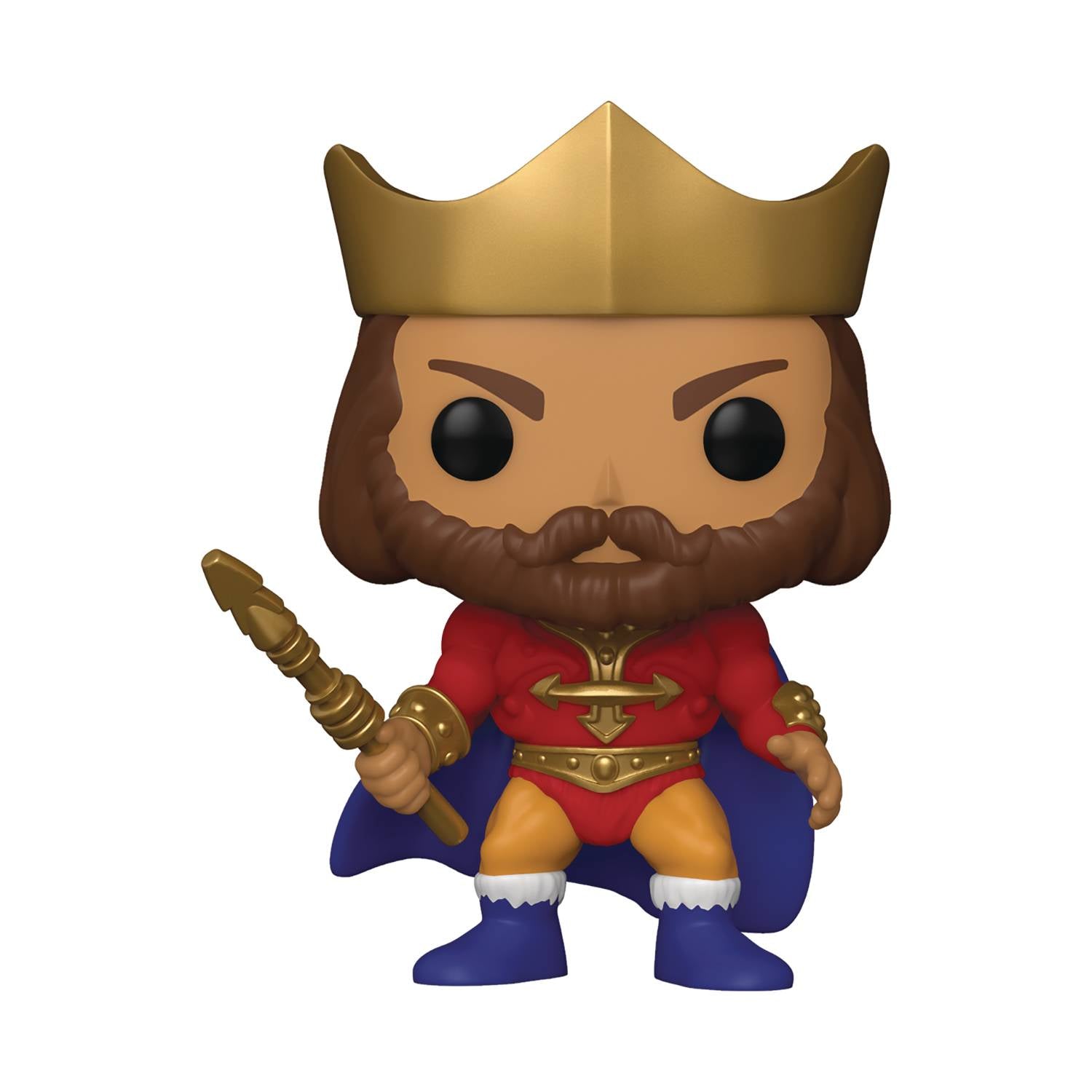 A vinyl figure of King Randor from Masters of the Universe, featuring a crown, scepter, and red and gold attire.