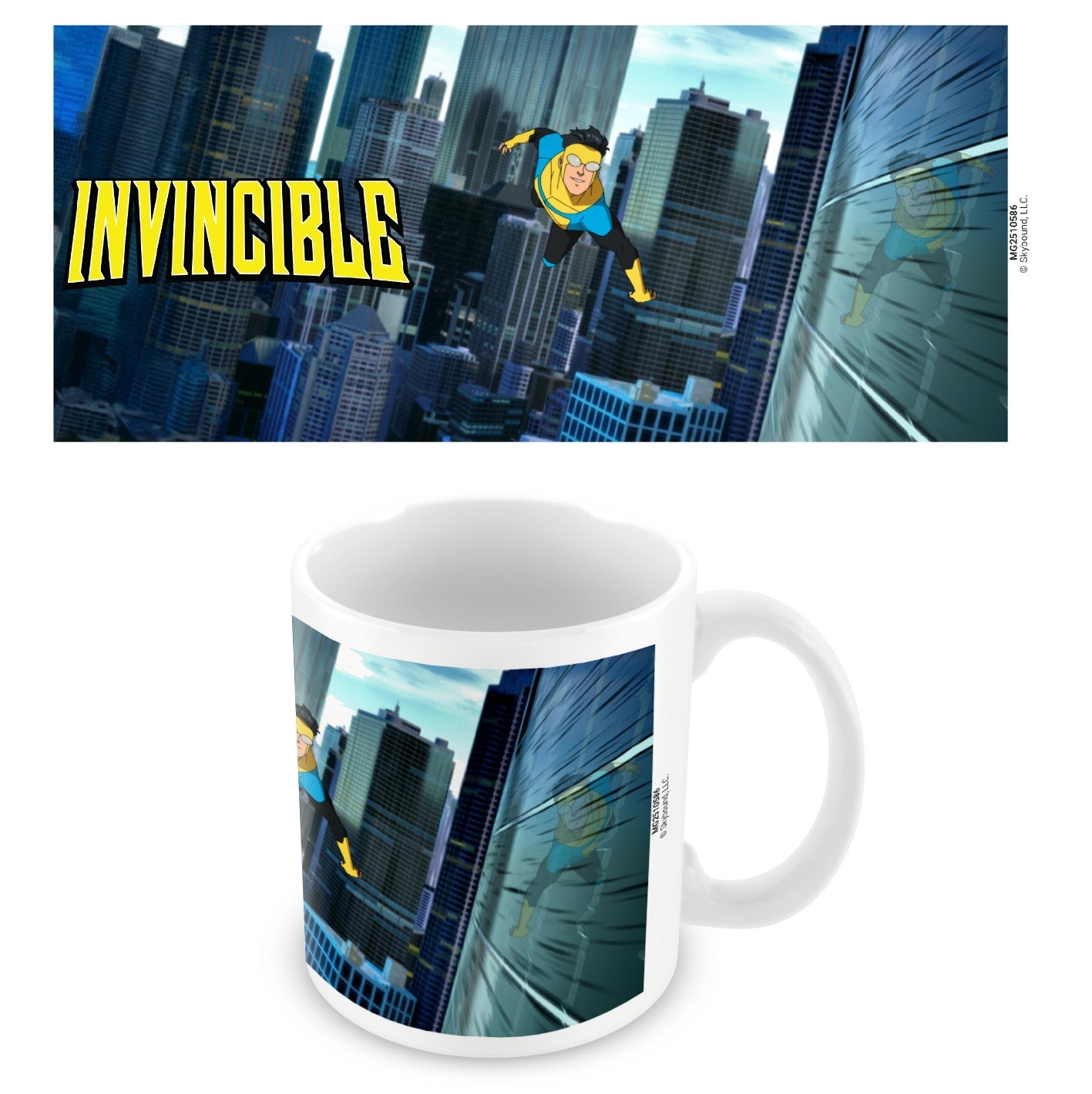 Mug with superhero design and 'Invincible' text against a cityscape background