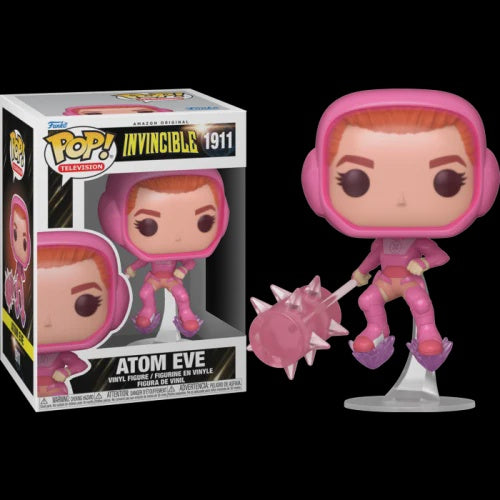 Funko Pop! Television Atom Eve vinyl figure shown next to its retail box on a black background. The figure wears a pink space suit and helmet with a pink spiked mace, and the packaging displays the Funko Pop! branding and character name Atom Eve.