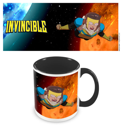 Mug with 'Invincible' character design on a white background